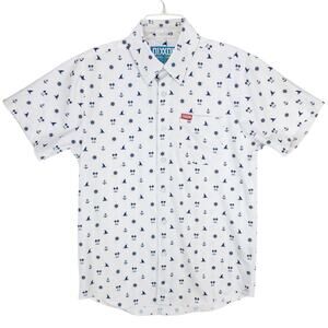 Dixxon Short Sleeve Button Up Men's Small White Blue Nautical "Sea Life" Logo